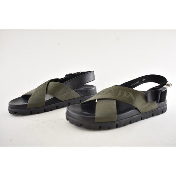 Prada Montana Nastro Criss Cross Strap Buckle Green Black Logo Flat Sandal 35.5 - Picture 12 of 16